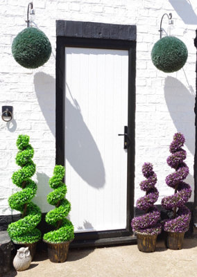 120cm Pair of Green Large Leaf Spiral Topiary Trees with Decorative Planters