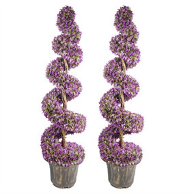 120cm Pair of Purple Large Leaf Spiral Topiary Trees with Decorative Planters