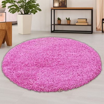 120cm Round Baby Pink Shaggy Rug - 5cm Thick Pile Soft Touch Modern ...