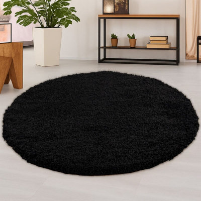 120cm Round Black Shaggy Rug - 5cm Thick Pile Soft Touch Modern
