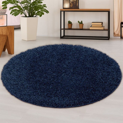 120cm Round Navy Blue Shaggy Rug - 5cm Thick Pile Soft Touch Modern ...