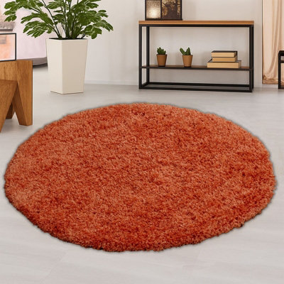 120cm Round Terracotta Shaggy Rug - 5cm Thick Pile Soft Touch Modern ...