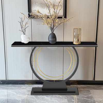 120cm Wide Free Standing Narrow Slim Marble Effect Sintered Stone Metal Half Moon Base Console Sofa End Table Hallway Furniture