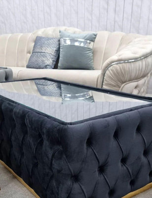 Upholstered coffee table with glass top discount