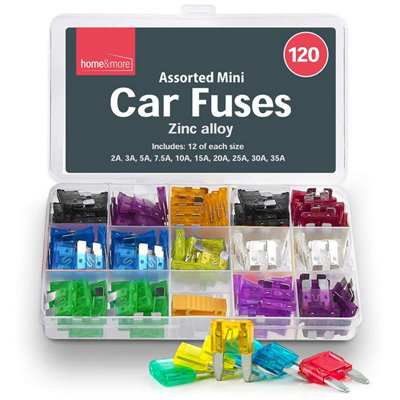 120pk Mini Car Fuses Assorted Sizes, Fuse Extractor & Storage Box 2A