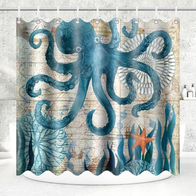 B&Q Shower Curtain Polyester Anti Mold Washable Waterproof Fabric Octopus Pattern Shower Curtains With 12 Hooks 180X200Cm