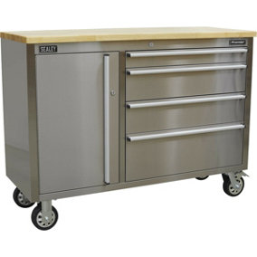1220 x 460 x 950mm 4 Drawer Tool Chest - STAINLESS STEEL Wood Topped Mobile Case