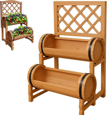  - Double Barrel Wooden Garden Planter With Trellis Pressure Treated Timber Raised FlowerHerb & Climbing Plant Planter For Garden