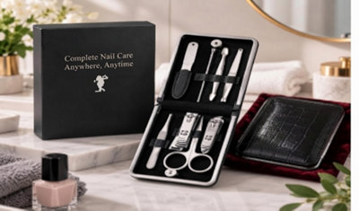 B&Q 8 Piece Gents Manicure Set In Glossy Leather Pouch Men's Nail Care Grooming Kit, Portable Manicure Set, Gift Set