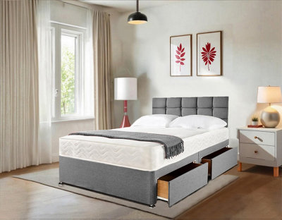 Sr Living Ltd 4Ft Cosy Linen Bed & Mattress Sets - Divan Bed Base With Cube Headboard & 2 Storage Drawers - Bedroom Furniture Grey