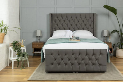 Sr Living Ltd Cosy Steel Plush Ottoman Bed & Mattress Sets -Divan Bed Base With 48''Wingback Buttoned Headboard, Footboard-Bedroom Furniture 4Ft