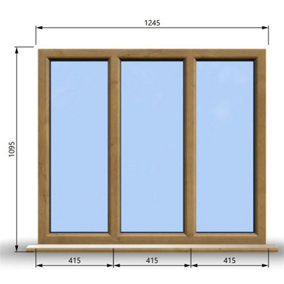 1245mm (W) x 1095mm (H) Wooden Stormproof Window - 3 Pane Non-Opening Windows - Toughened Safety Glass