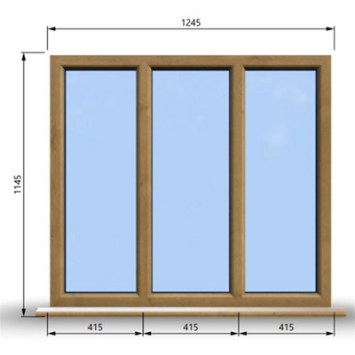 1245mm (W) x 1145mm (H) Wooden Stormproof Window - 3 Pane Non-Opening Windows - Toughened Safety Glass