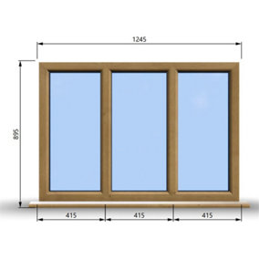 1245mm (W) x 895mm (H) Wooden Stormproof Window - 3 Pane Non-Opening Windows - Toughened Safety Glass