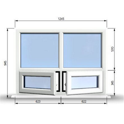 1245mm (W) x 945mm (H) PVCu StormProof Casement Window - 2 Bottom Opening Windows - Toughened Safety Glass - White