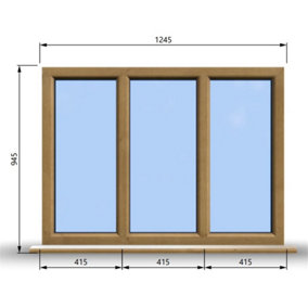 1245mm (W) x 945mm (H) Wooden Stormproof Window - 3 Pane Non-Opening Windows - Toughened Safety Glass