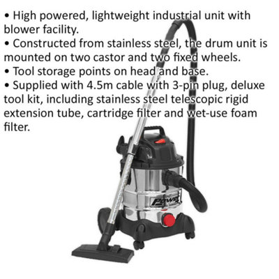 1250W Industrial Wet & Dry Vacuum Cleaner - 20L Stainless Steel Drum - 230V