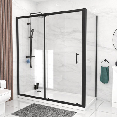 Nes Home Black 1700 X 700mm Shower Enclosure Sliding Door & Glass Side Panel from B&Q