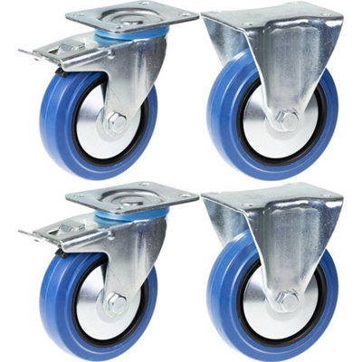 125mm 5" castor blue rubber brake & fixed strong 800kg capacity, set of 4