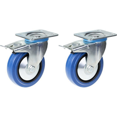 125mm 5" castor blue rubber swivel with brake strong 400kg capacity, set of 2