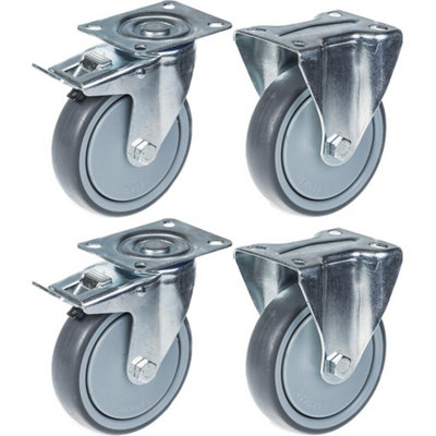 125mm 5" castor grey rubber brake & fixed strong 520kg capacity, set of 4