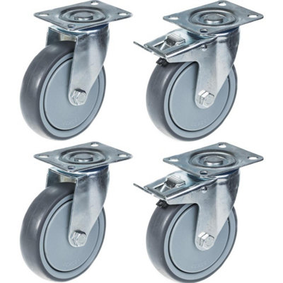 125mm 5" castor grey rubber tyre swivel & brake strong 520kg capacity, set of 4