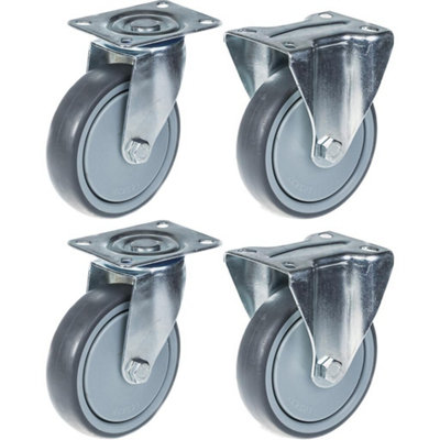125mm 5" castor grey rubber tyre swivel & fixed strong 520kg capacity, set of 4