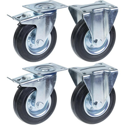 125mm 5" castor rubber tyre, brake & fixed, strong 480kg capacity, set of 4