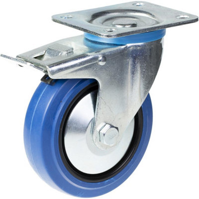 125mm swivel/brake castor with blue elastic rubber on nylon centre wheel