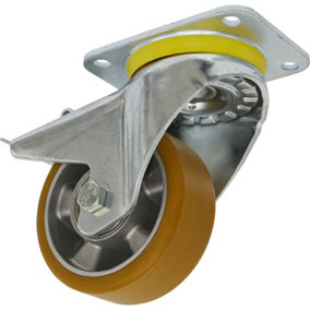 125mm Swivel Plate Castor Wheel - 50mm Tread - Aluminium & PU - Total Lock Brake