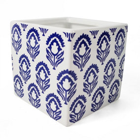 12cm Ceramic Cube Planter with Decorative Print Blue Tulip