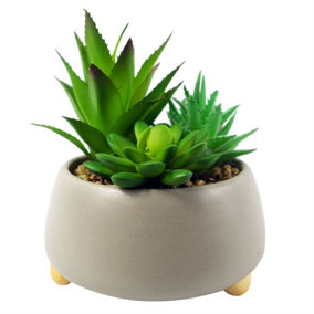 12cm Ceramic Pebble Grey Planter with Three Artificial Succulent Plants