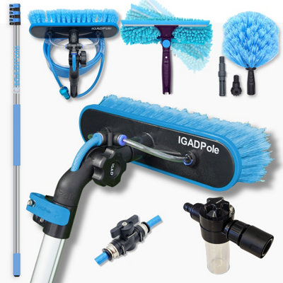 12ft IGADPole Washing Kit: Water-fed Brush, Cobweb Duster, 10in Squeegee & Soap Dispenser