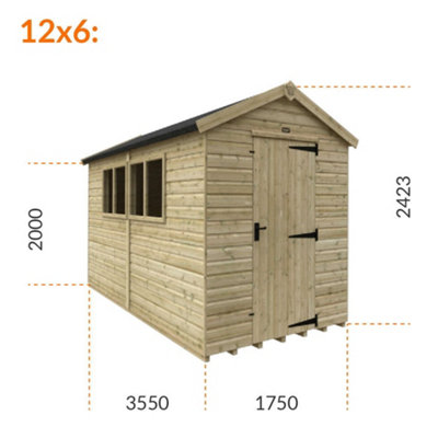 12ft x 6ft (2950mm x 1750mm) Horsforth Elite Pressure Treated Shiplap Apex Shed with 4 Windows
