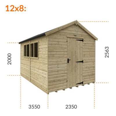 12ft x 8ft (3550mm x 2350mm) Horsforth Elite Pressure Treated Shiplap Apex Shed with 4 Windows