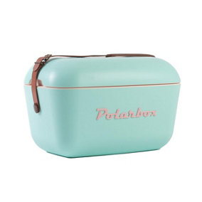 12L Polarbox Retro Coolbox - Portable Insulated Food & Drink Cooler Box with Leather Strap & Lid Tray - H24 x W39 x D26cm, Teal