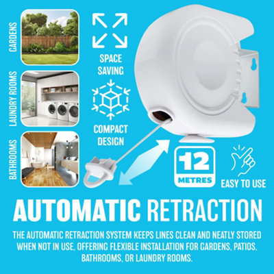 12m Retractable Clothes Reel Line Pvc Coated Dryer Washing Outdoor + Fixings New - 3