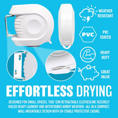 12m Retractable Clothes Reel Line Pvc Coated Dryer Washing Outdoor + Fixings New - 4