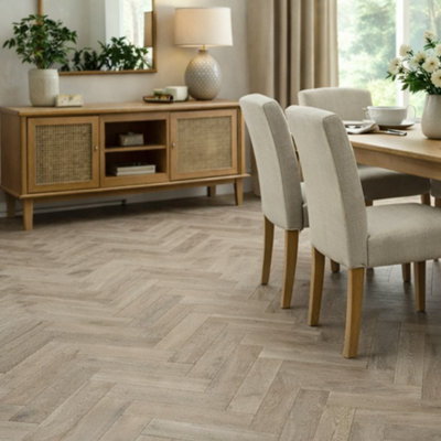 12mm Greige Oak Herringbone Laminate Flooring 9m2 5 pack
