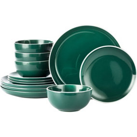 12pc Aura Emerald Dinnerware Set with White Rim - 4x 27cm Dinner Plates, 4x 20cm Side Plates & 4x 15cm Bowls