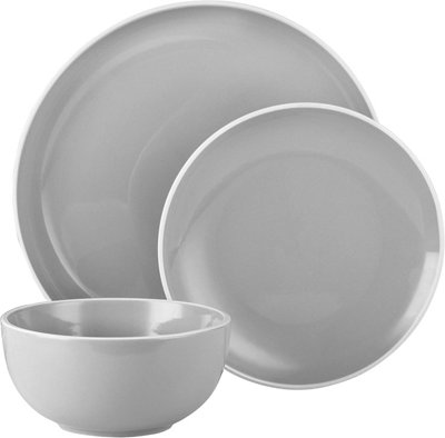 12pc Aura Grey Dinnerware Set with White Rim 4x 27cm Dinner Plates 4x 20cm Side Plates 4x 15cm Bowls DIY at B Q