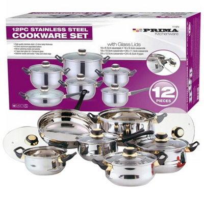 12Pc Stainless Steel Cookware Saucepan Frypan Casserole Set With Glass Lids Non Stick Cookware Durable