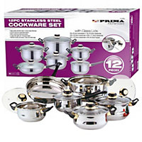 12Pc Stainless Steel Cookware Saucepan Frypan Casserole Set With Glass Lid