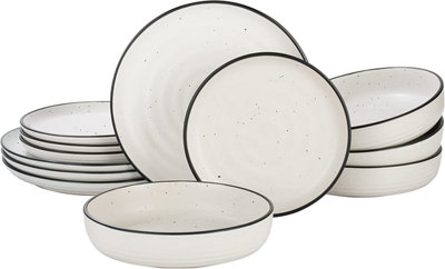 12pc White Scandi Dinnerware Set with Black Rim - 4x 26cm Dinner