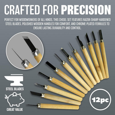 12Pc Wood Carving Chisel Hand Tool Set Carvers Working Woodworking ...
