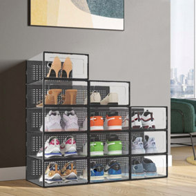 12Pcs Black Adjustable Stackable Plastic Shoe Storage Box Organiser 33cm W x 23cm D x 14cm H