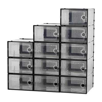 12Pcs Black Adjustable Stackable Plastic Shoe Storage Box Organiser 33cm W x 23cm D x 14cm H - 3