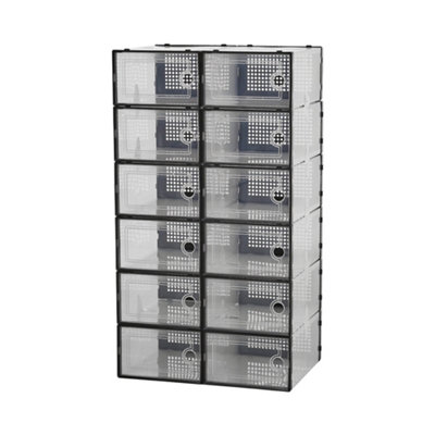 12Pcs Black Adjustable Stackable Plastic Shoe Storage Box Organiser 33cm W x 23cm D x 14cm H - 4