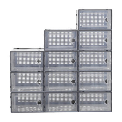 12Pcs Grey Adjustable Stackable Plastic Shoe Storage Box Organiser 33cm W x 23cm D x 14cm H