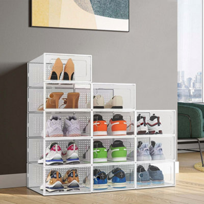 12Pcs White Adjustable Stackable Plastic Shoe Storage Box Organiser 33cm W x 23cm D x 14cm H